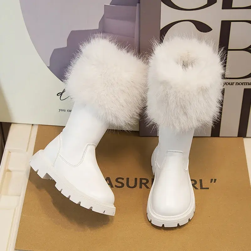 Girls High Boots Plush Cotton Beige Black 2025 New Autumn and Winter Side Zipper Fashion Children Leather Boots Plush Warm Chic