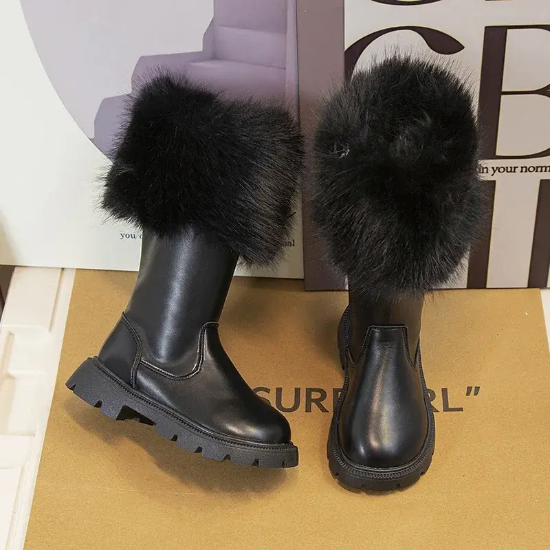 Girls High Boots Plush Cotton Beige Black 2025 New Autumn and Winter Side Zipper Fashion Children Leather Boots Plush Warm Chic