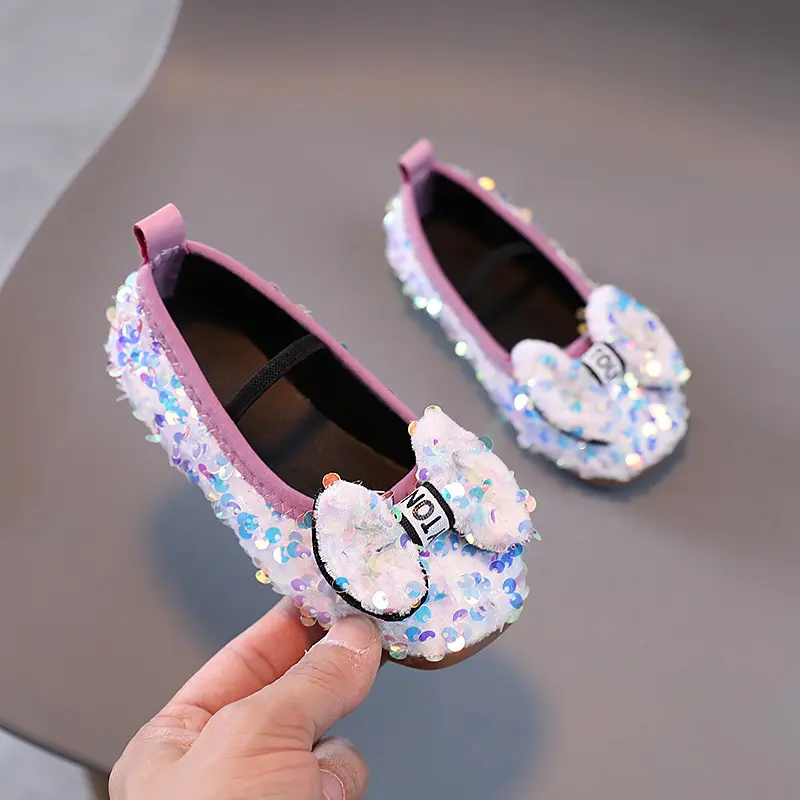 Girls Shoes Kids Glitter Leather Shoes for Wedding Stage Party Sequins Bling Shiny with Bow-knot Princess Soft Children's Flats