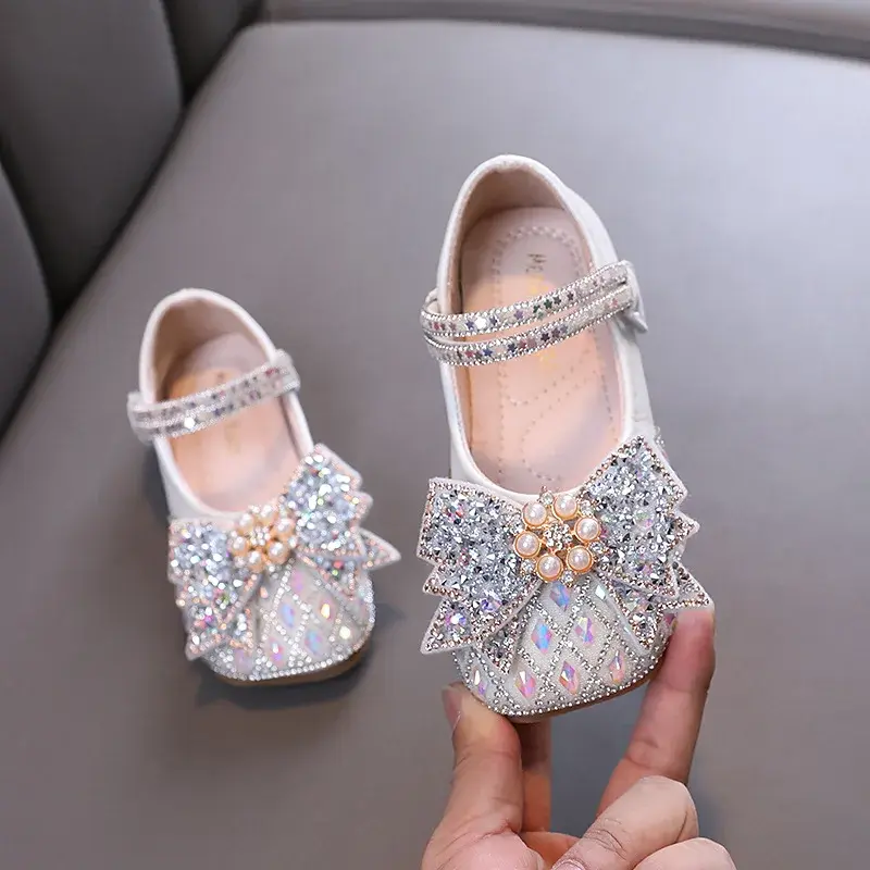 Spring Autumn Girls Causal Shoes Fashion Children Leather Shoes for Princess Ballet Bowtie Shallow Kids Rhinestone Wedding Shoes