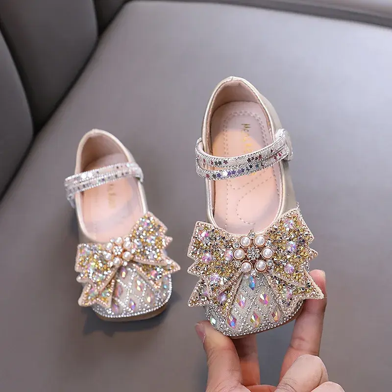 Spring Autumn Girls Causal Shoes Fashion Children Leather Shoes for Princess Ballet Bowtie Shallow Kids Rhinestone Wedding Shoes