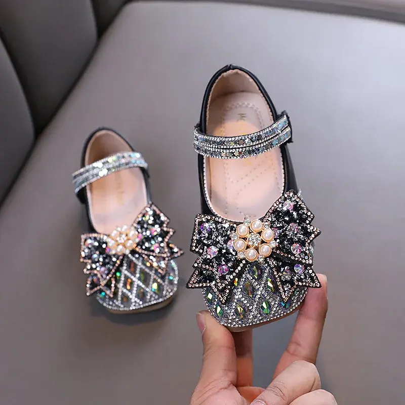 Spring Autumn Girls Causal Shoes Fashion Children Leather Shoes for Princess Ballet Bowtie Shallow Kids Rhinestone Wedding Shoes