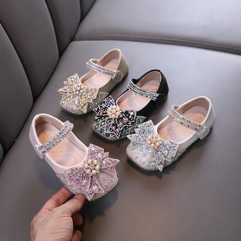 Spring Autumn Girls Causal Shoes Fashion Children Leather Shoes for Princess Ballet Bowtie Shallow Kids Rhinestone Wedding Shoes