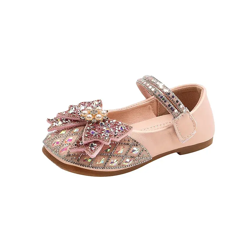 Spring Autumn Girls Causal Shoes Fashion Children Leather Shoes for Princess Ballet Bowtie Shallow Kids Rhinestone Wedding Shoes