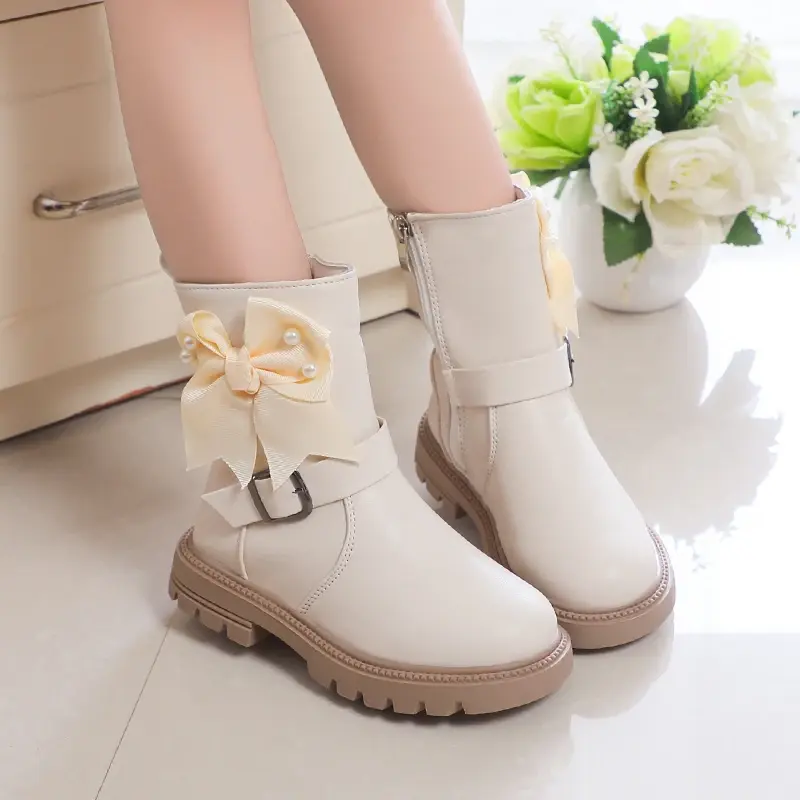 2025 Autumn Winter New Girls Princess Boots Kids Fashion Boots Bow-knot with Metal Buckle Side Zipper Rubber Outsole Sweet Soft