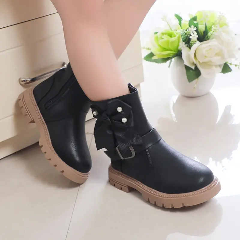2025 Autumn Winter New Girls Princess Boots Kids Fashion Boots Bow-knot with Metal Buckle Side Zipper Rubber Outsole Sweet Soft