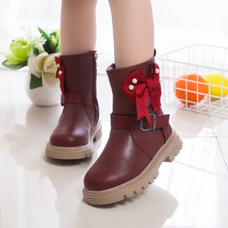 2025 Autumn Winter New Girls Princess Boots Kids Fashion Boots Bow-knot with Metal Buckle Side Zipper Rubber Outsole Sweet Soft