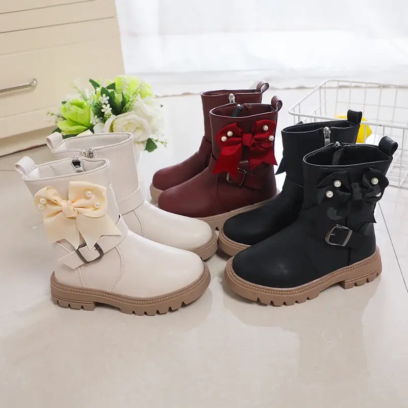 2025 Autumn Winter New Girls Princess Boots Kids Fashion Boots Bow-knot with Metal Buckle Side Zipper Rubber Outsole Sweet Soft