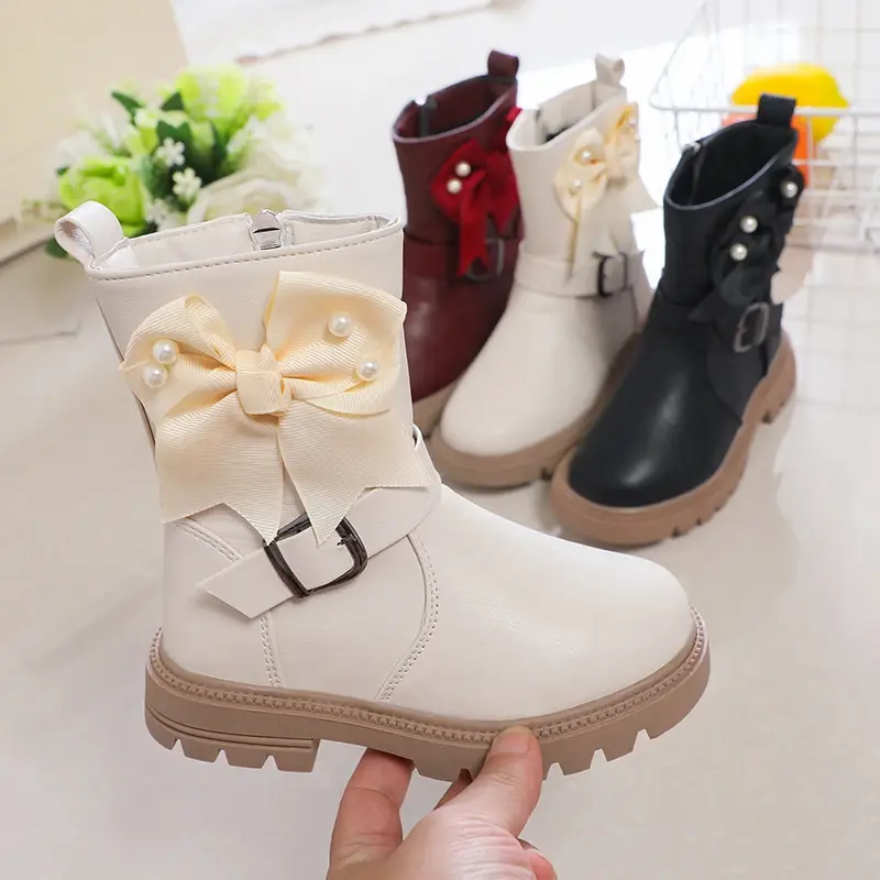 2025 Autumn Winter New Girls Princess Boots Kids Fashion Boots Bow-knot with Metal Buckle Side Zipper Rubber Outsole Sweet Soft