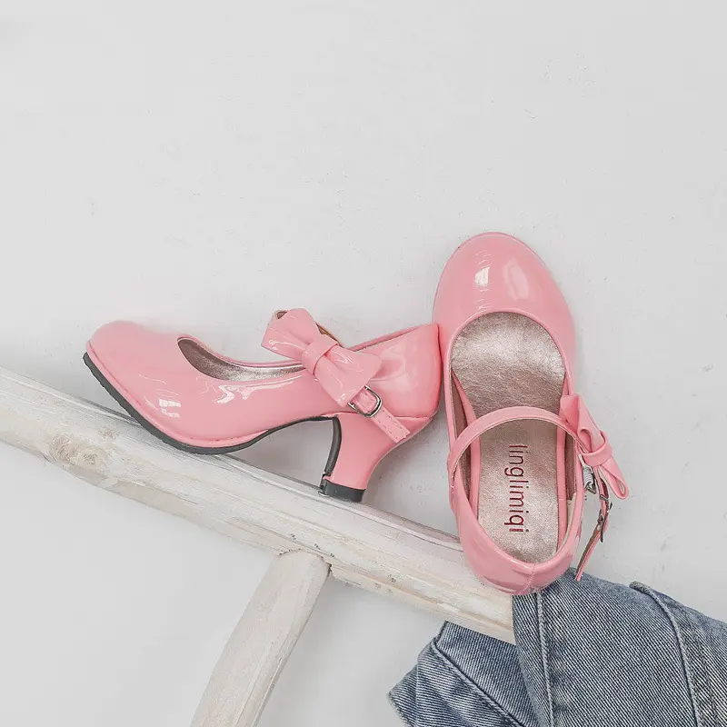 Girls Princess Leather Shoes Glossy PU Fashion Kids Sweet Bowtie Dress Shoes for Ballet Spring Autumn Children High Heels Causal