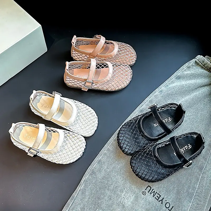 Girls Sandals Mesh Weave Non-slip Soft Sole Kids Princess Shoes Soild Color 2025 Summer New Children Flat Shoes Ins Trendy Sweet