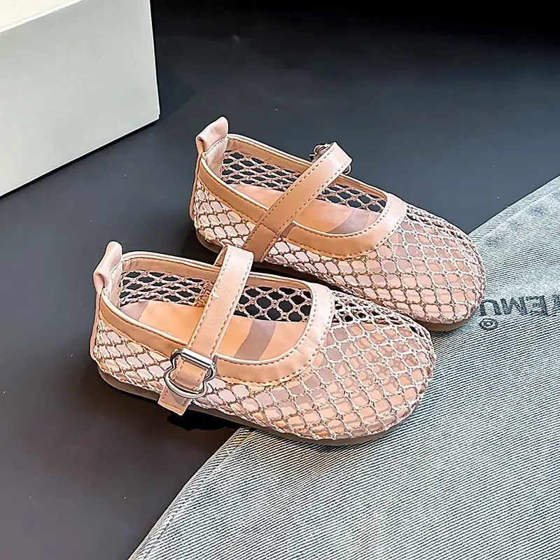 Girls Sandals Mesh Weave Non-slip Soft Sole Kids Princess Shoes Soild Color 2025 Summer New Children Flat Shoes Ins Trendy Sweet