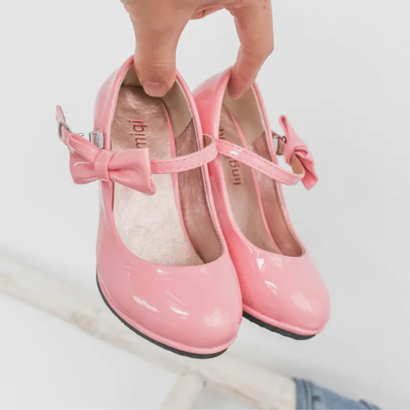 Girls Princess Leather Shoes Glossy PU Fashion Kids Sweet Bowtie Dress Shoes for Ballet Spring Autumn Children High Heels Causal