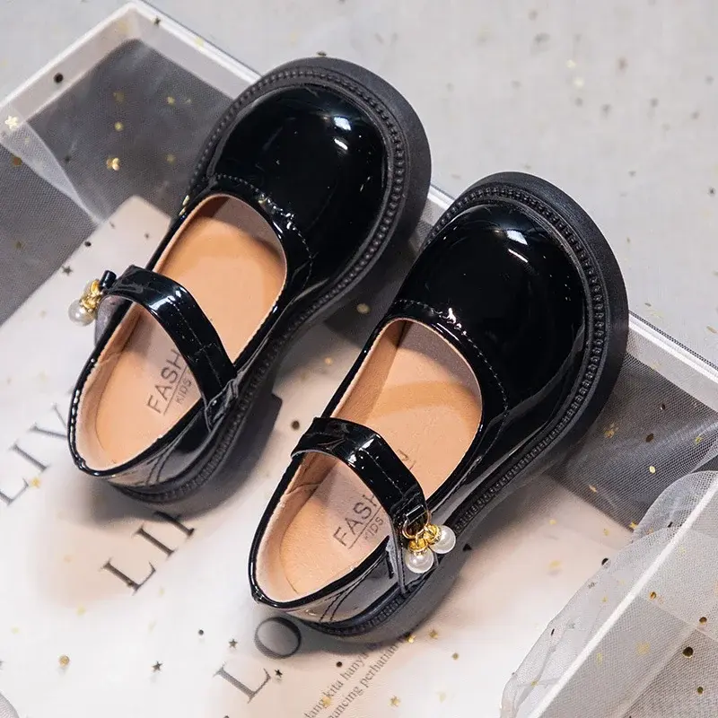 Girls Chic Leather Shoes Princess Sweet Black Mary Janes with Pearl Pendant for Wedding Party Back To School Dress Flats Soft