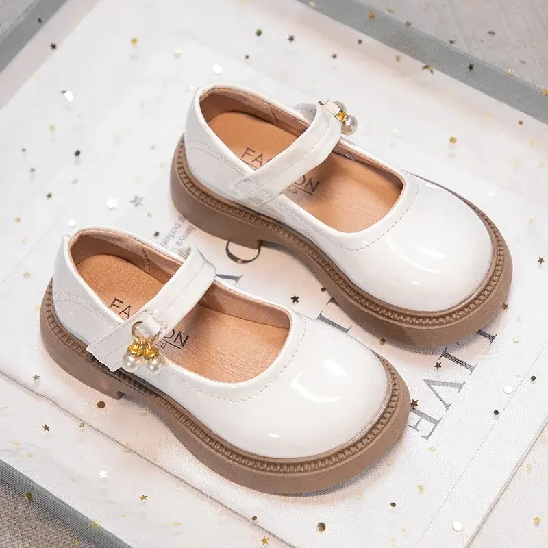 Girls Chic Leather Shoes Princess Sweet Black Mary Janes with Pearl Pendant for Wedding Party Back To School Dress Flats Soft