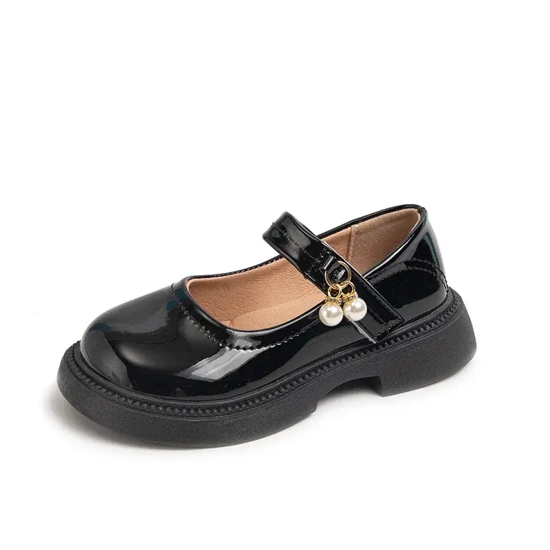 Girls Chic Leather Shoes Princess Sweet Black Mary Janes with Pearl Pendant for Wedding Party Back To School Dress Flats Soft