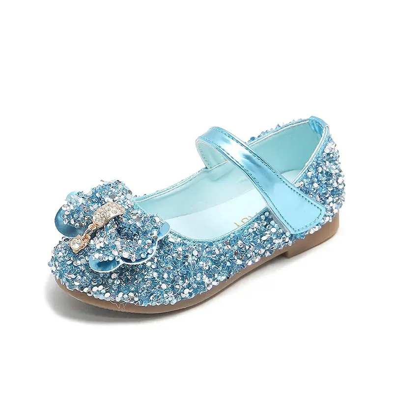 Princess Girls Shoes Sweet Kids Glitter Leather Shoes Bling Sequins With Bowtie Children's Dress Shoes For Party Wedding Stage