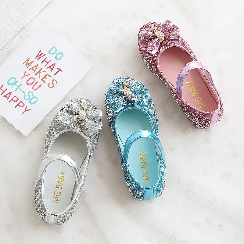 Children Leather Shoes For Girls Toddlers Big Kids Dress Shoes For Wedding Party Glitter Sequined Fabric With Bow-knot Mary Jane