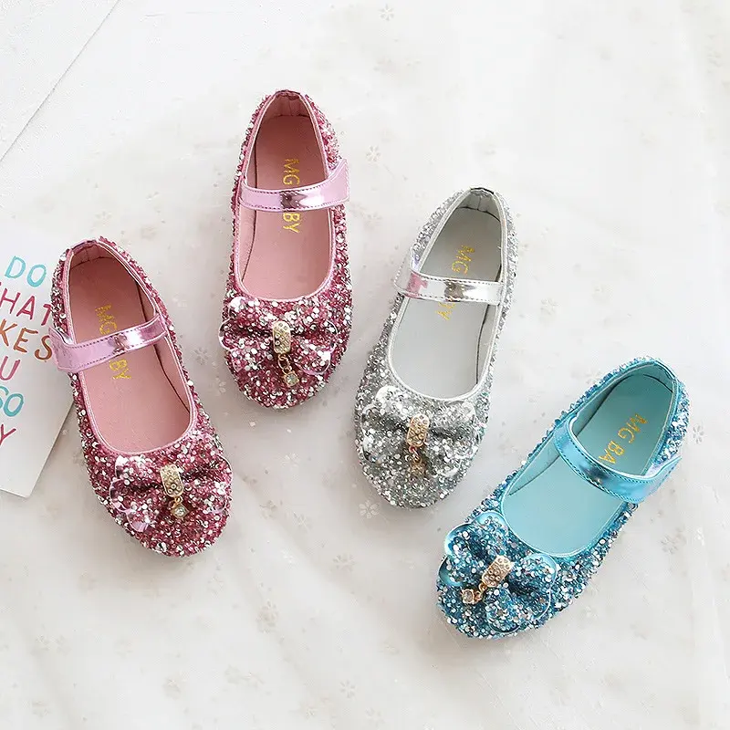 Princess Girls Shoes Sweet Kids Glitter Leather Shoes Bling Sequins With Bowtie Children's Dress Shoes For Party Wedding Stage