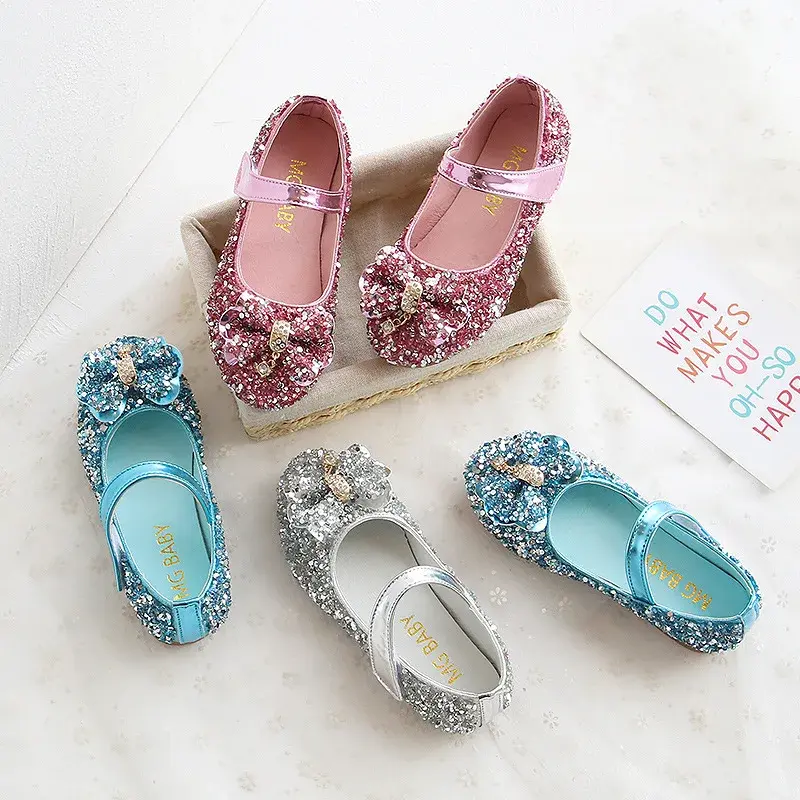 Princess Girls Shoes Sweet Kids Glitter Leather Shoes Bling Sequins With Bowtie Children's Dress Shoes For Party Wedding Stage