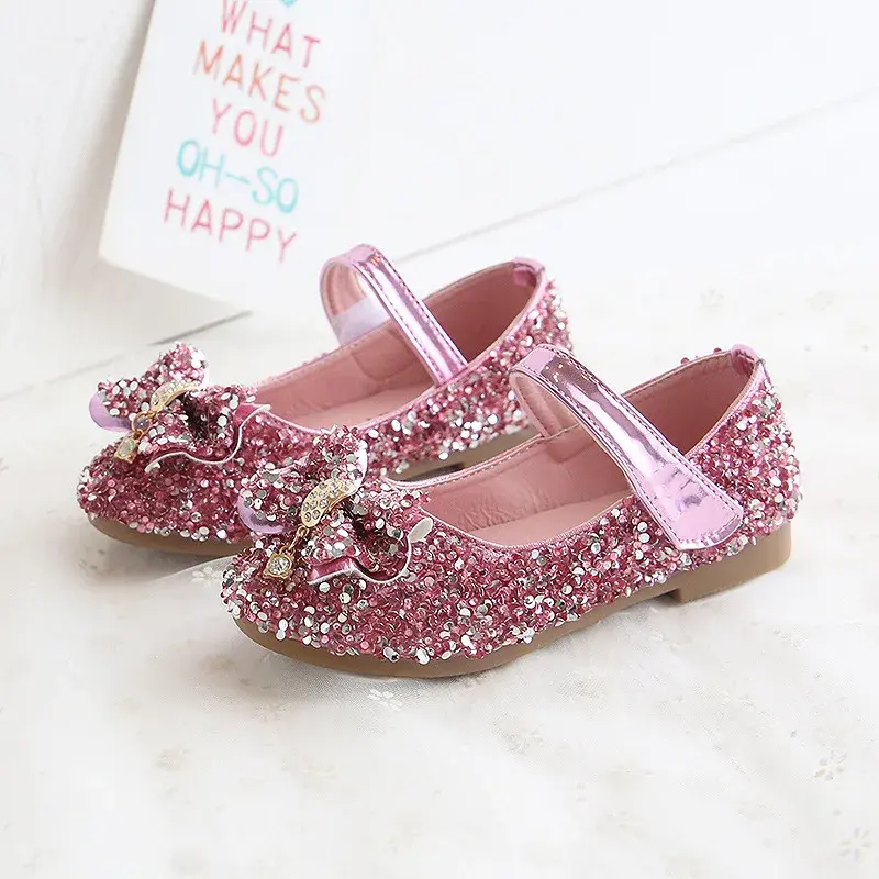 Children Leather Shoes For Girls Toddlers Big Kids Dress Shoes For Wedding Party Glitter Sequined Fabric With Bow-knot Mary Jane