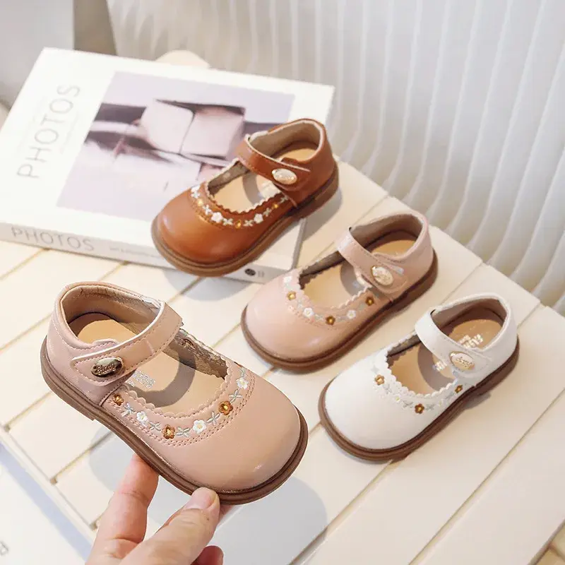 Children's Leather Shoes Spring Autumn Versatile Kids Mary Jane Shoes Fashion Embroidered Flower Causal Princess Shoes for Girls