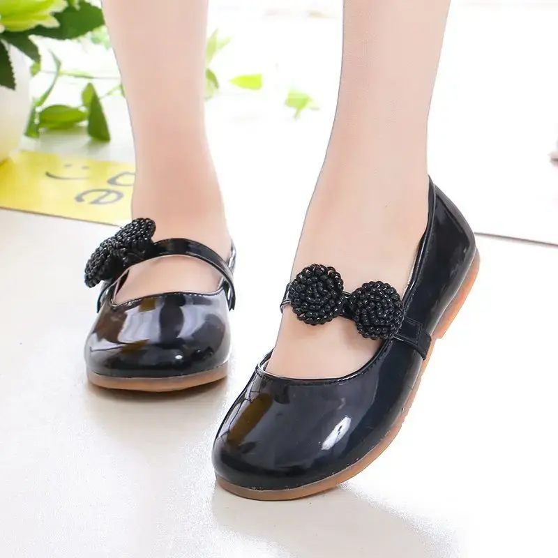 Kids Leather Shoes for Girls School Black Beige Shoes Floral Flower Girl Flats for Wedding Party Children Mary Janes Princess