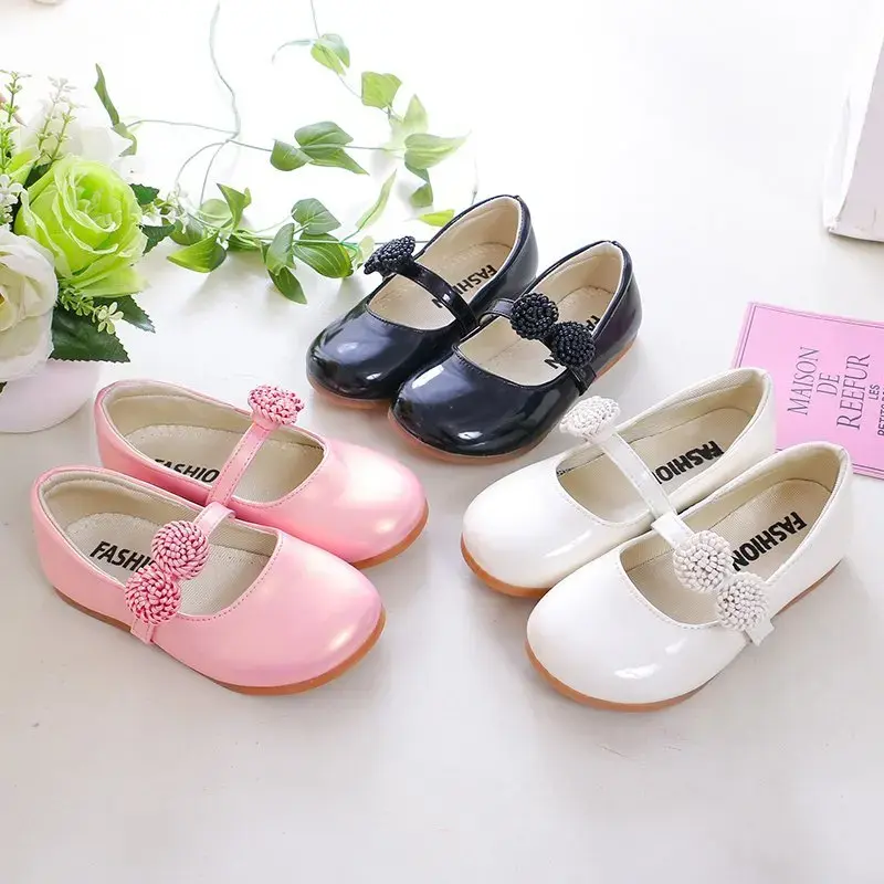 Kids Leather Shoes for Girls School Black Beige Shoes Floral Flower Girl Flats for Wedding Party Children Mary Janes Princess