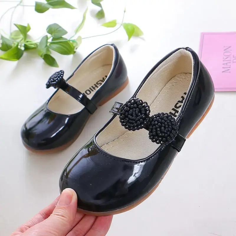 Kids Leather Shoes for Girls School Black Beige Shoes Floral Flower Girl Flats for Wedding Party Children Mary Janes Princess