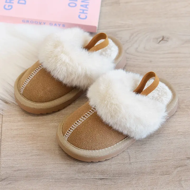 Children Cotton Shoes Britain Style Kids Classic Slippers Solid Color Sewing Plush Warm Winter Boys Girls Fashion Slippers 2024