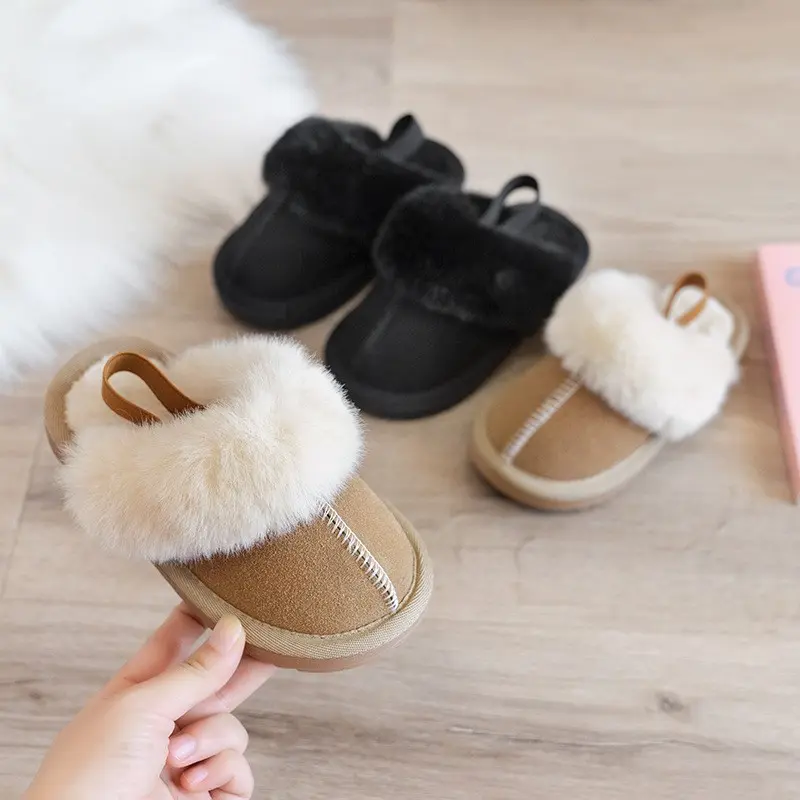 Children Cotton Shoes Britain Style Kids Classic Slippers Solid Color Sewing Plush Warm Winter Boys Girls Fashion Slippers 2024