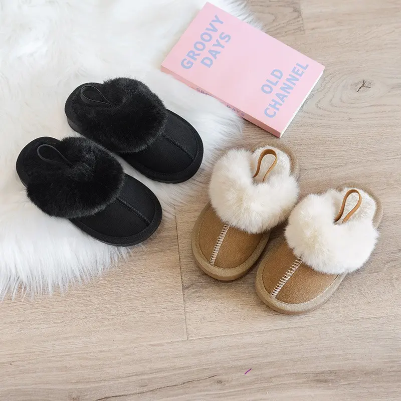 Children Cotton Shoes Britain Style Kids Classic Slippers Solid Color Sewing Plush Warm Winter Boys Girls Fashion Slippers 2024