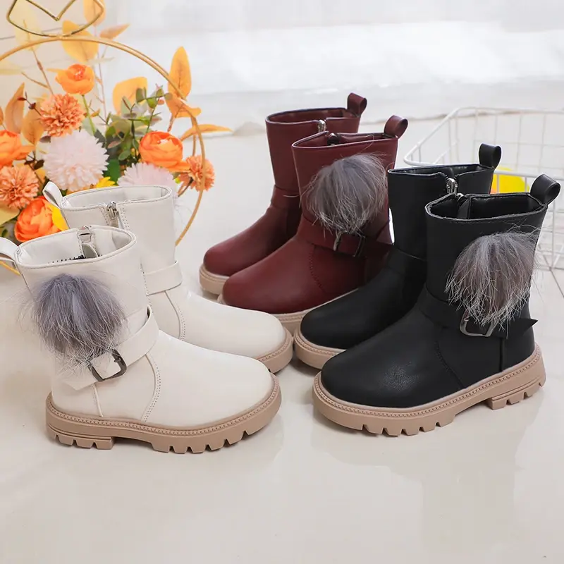 Girls Princess Boots with Fluffy Hairy Ball Cute Warm Autumn Winter Kids Rubber Boots Sweet Fashion Side Zipper Anti-skid Soft