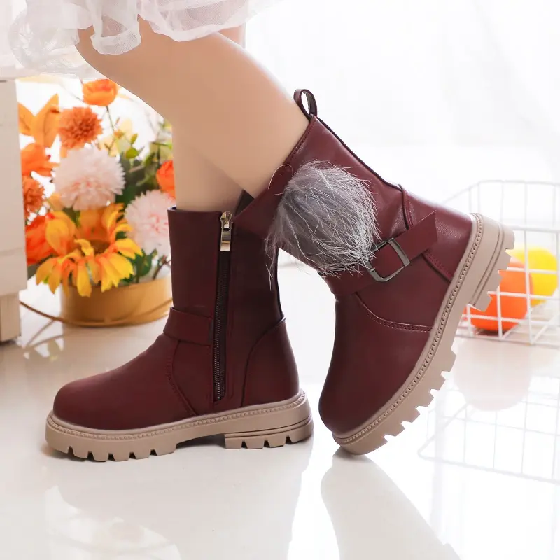Girls Princess Boots with Fluffy Hairy Ball Cute Warm Autumn Winter Kids Rubber Boots Sweet Fashion Side Zipper Anti-skid Soft