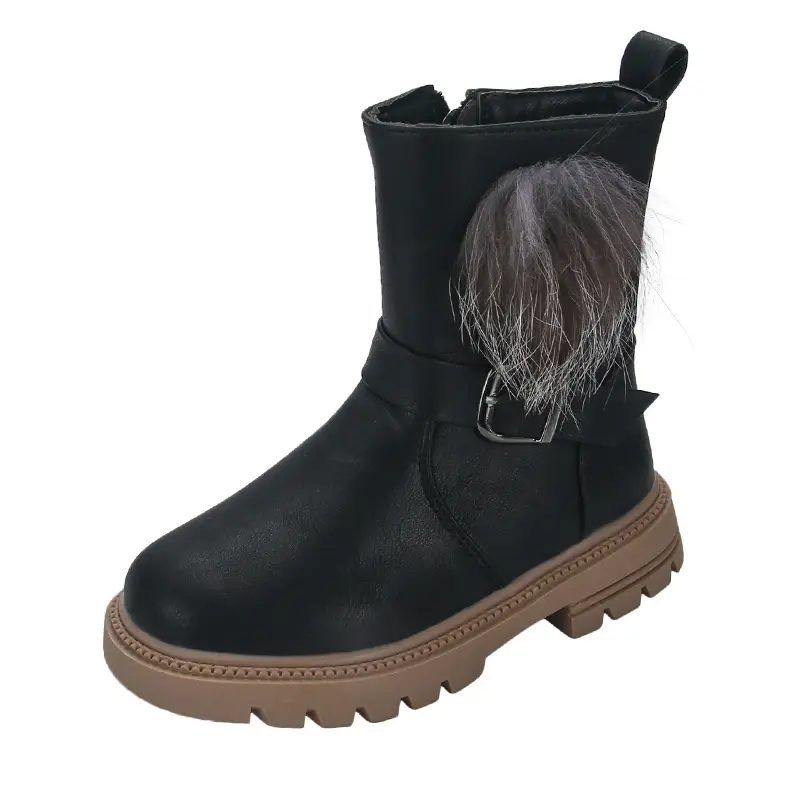 Girls Princess Boots with Fluffy Hairy Ball Cute Warm Autumn Winter Kids Rubber Boots Sweet Fashion Side Zipper Anti-skid Soft