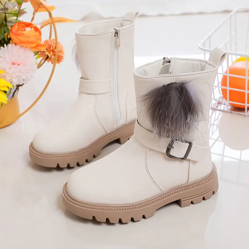 Girls Princess Boots with Fluffy Hairy Ball Cute Warm Autumn Winter Kids Rubber Boots Sweet Fashion Side Zipper Anti-skid Soft