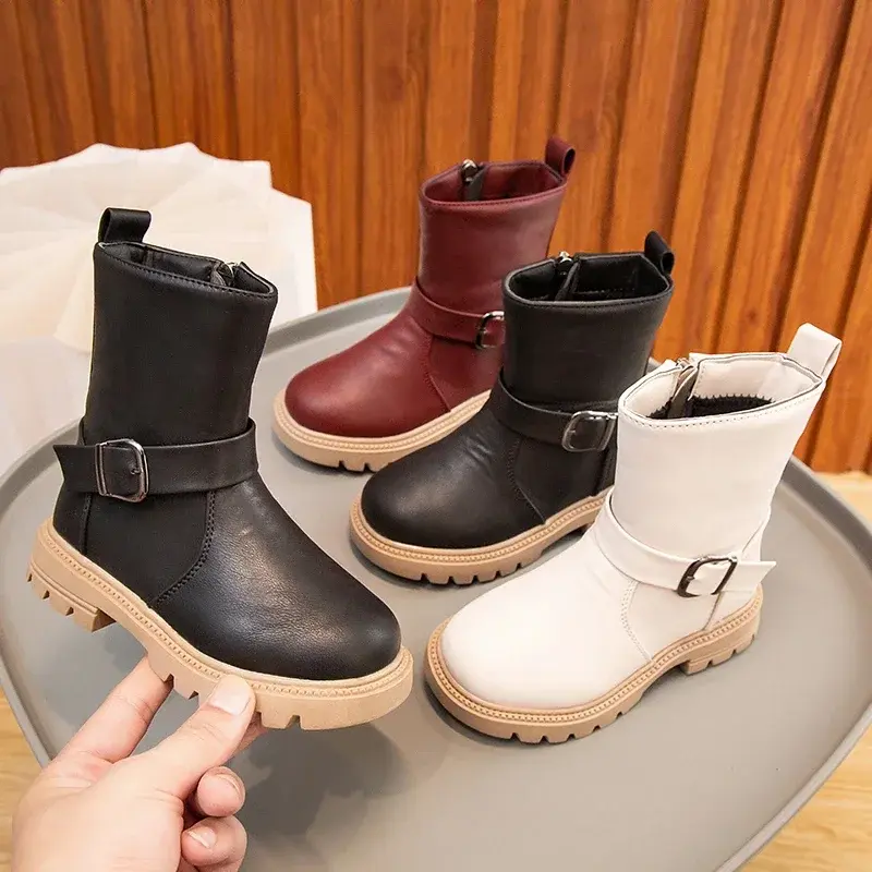 2025 Girls Boots Solid Color Buckle Cool Side Zipper Kids Shoes Fashion Non-slip Princess Britain Style Children Mid-calf Boots