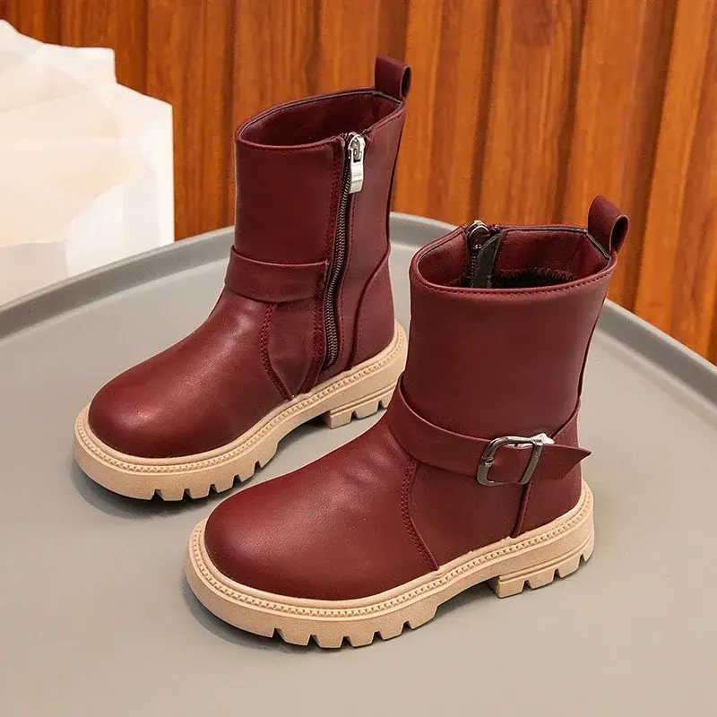 2025 Girls Boots Solid Color Buckle Cool Side Zipper Kids Shoes Fashion Non-slip Princess Britain Style Children Mid-calf Boots