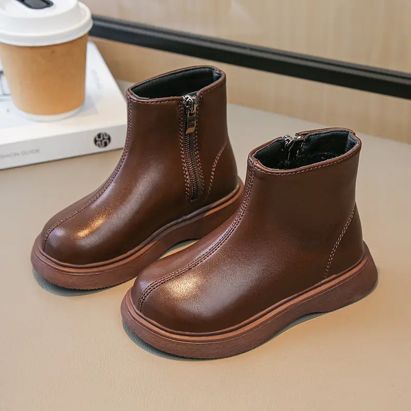 Children Fashion Boots Simple Girls Ankle Boot Black Kids Short Leather Boots Side Zipper Thick Bottom Autumn Winter 2024 New