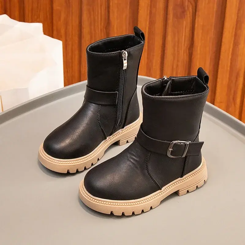2025 Girls Boots Solid Color Buckle Cool Side Zipper Kids Shoes Fashion Non-slip Princess Britain Style Children Mid-calf Boots