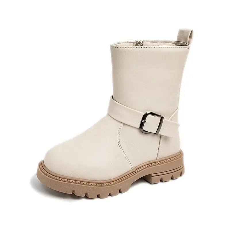 2025 Girls Boots Solid Color Buckle Cool Side Zipper Kids Shoes Fashion Non-slip Princess Britain Style Children Mid-calf Boots