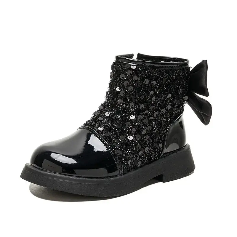 2024 Children Short Boots for Girls Autuumn Winter New Fashion Korean Style Princess Bowtie Party Outside Versatile Leather Shoe