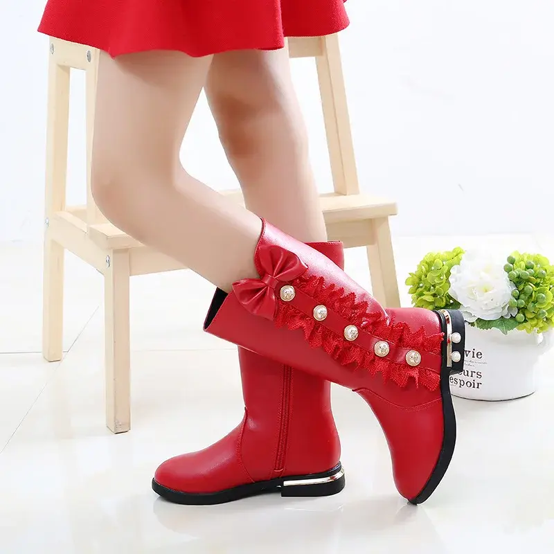 Girls Boots Autumn Winter Kids Princess Boots Lace Pearls with Bow-knot Sweet Warm Cotton Fur Lining Children Long Boots High