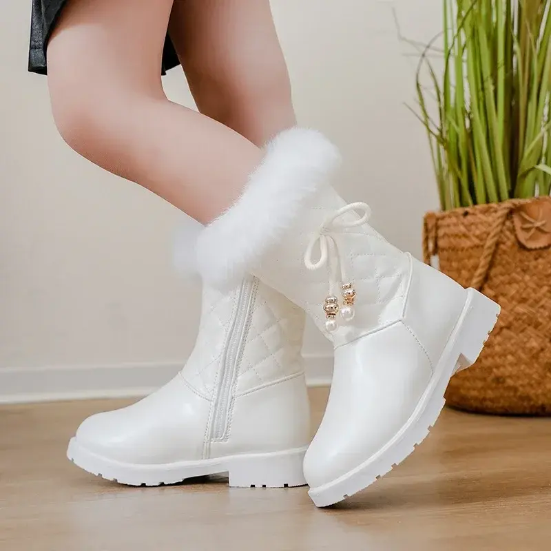 Girls Princess Boots Warm Shoes for Winter Kids Long Boots with Fur 2024 New Fashion Sweet Girls Leather Snow Boots with Bow