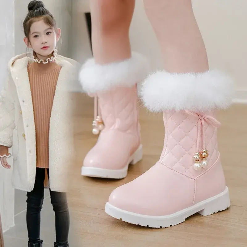 Girls Princess Boots Warm Shoes for Winter Kids Long Boots with Fur 2024 New Fashion Sweet Girls Leather Snow Boots with Bow