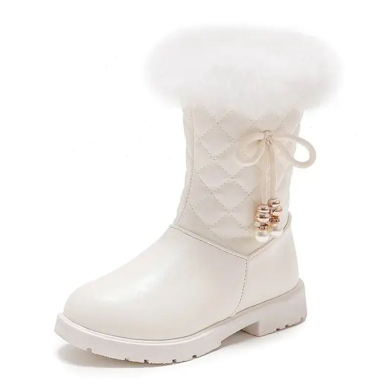 Girls Princess Boots Warm Shoes for Winter Kids Long Boots with Fur 2024 New Fashion Sweet Girls Leather Snow Boots with Bow