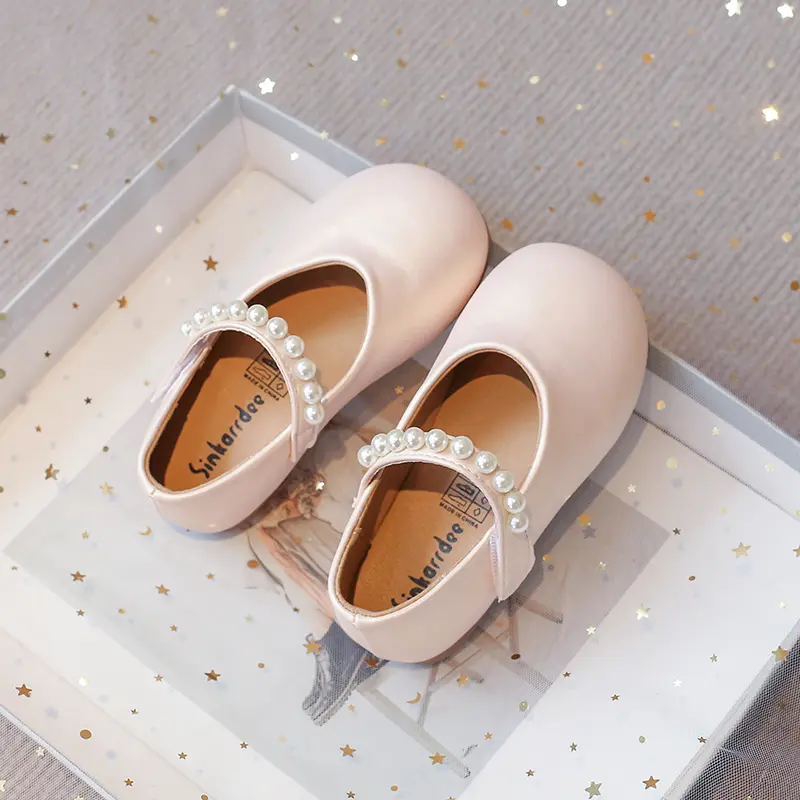 Little Girls Leather Shoes Soft Kids Mary Janes with Beading Beaded Chic Princess Sweet Simple Children Flats White for Wedding