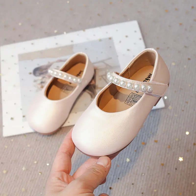 Little Girls Leather Shoes Soft Kids Mary Janes with Beading Beaded Chic Princess Sweet Simple Children Flats White for Wedding