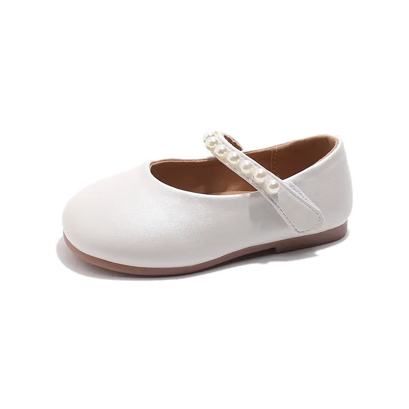 Little Girls Leather Shoes Soft Kids Mary Janes with Beading Beaded Chic Princess Sweet Simple Children Flats White for Wedding