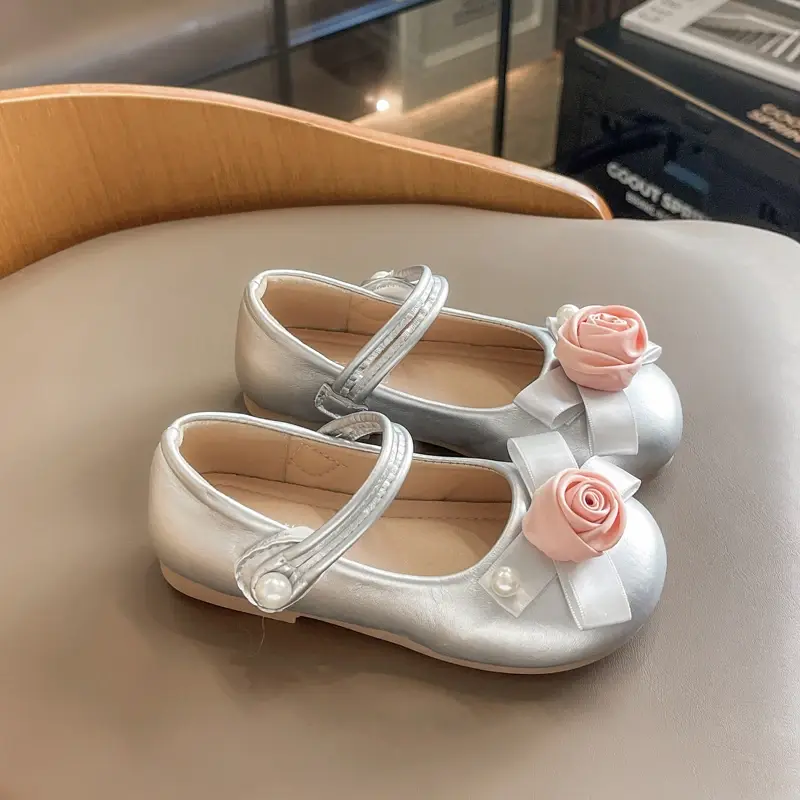 Elegant Girls Fashion Ballet Shoes for Princess Flower Sweet Bowknot Kids Causal Leather Shoes Children's Wedding Dresses Flats